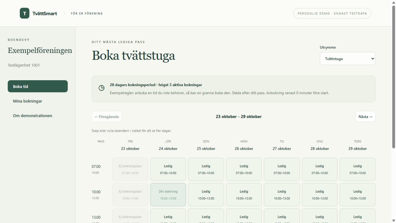 Skärmbild från TvättSmarts bokningsdemo: kalender med lediga pass och en egen bokning